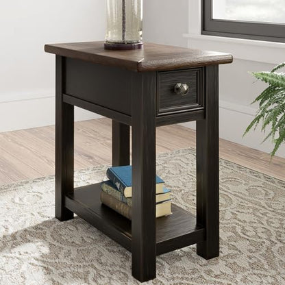 Signature Design by Ashley Narrow Side Table with Charging Station, Tyler Creek Chairside End Table, Wood, Smooth-Gliding Storage Drawer, Living Room Furniture, Grayish Brown/Black
