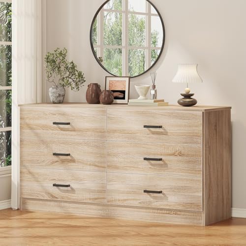 Dresser for Bedroom, 6 Drawer Double Dresser, Modern Chest of Drawers with Deep Drawers, TV Stand Large Storage Organizer for Living Room, Closet (Light Oak)