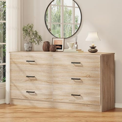 Dresser for Bedroom, 6 Drawer Double Dresser, Modern Chest of Drawers with Deep Drawers, TV Stand Large Storage Organizer for Living Room, Closet (Light Oak)