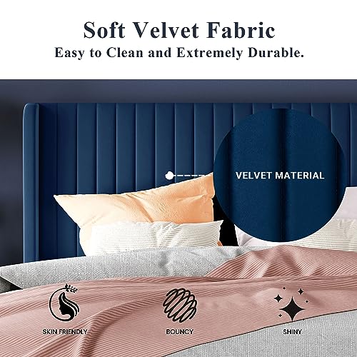 Queen Size Velvet Bed Frame/Vertical Channel Tufted Wingback, view 7