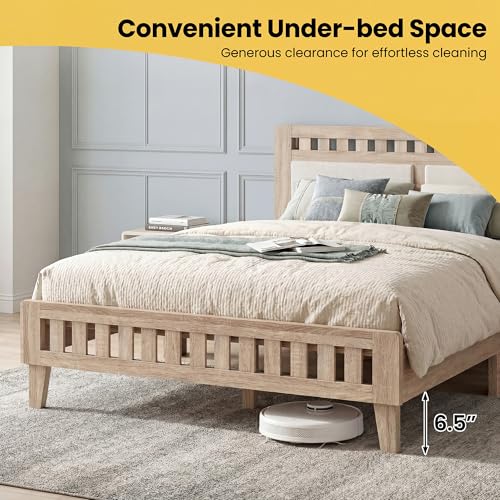 Queen Wood Bed Frame with Upholstered Headboard, view 7