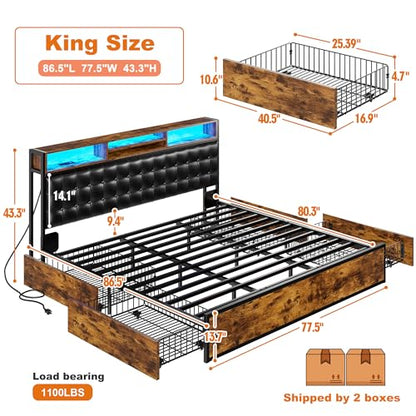 King Bed Frame with 4 Drawers, Charge Station & LED Lights, view 3