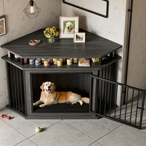 51" Corner Dog Crate Furniture with 2-Tier Storage Shelves, Gray, view 5
