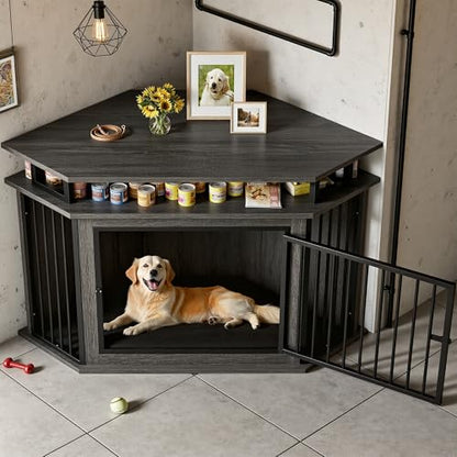 51" Corner Dog Crate Furniture with 2-Tier Storage Shelves, Gray, view 5