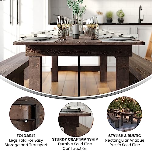Hercules Commercial Grade Farmhouse Dining Table | Solid Pine Foldable Table for 10 in Antique Rustic Mahogany | Rustic Charm for Home and Events