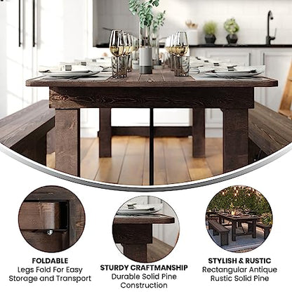 Hercules Commercial Grade Farmhouse Dining Table | Solid Pine Foldable Table for 10 in Antique Rustic Mahogany | Rustic Charm for Home and Events