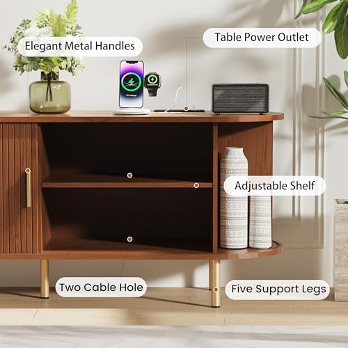 55 Inch Mid Century Modern TV Stand with Power Outlet for TVs up to 60 Inch, Entertainment Center with Storage and Adjustable Shelves, Media Console with Sliding Doors for Living Room(Walnut)