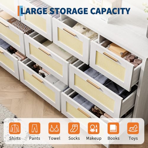 10 Drawer Dresser for Bedroom, 59 in Farmhouse Rattan Dressers & Chests of Drawers, Wooden Storage Organizer with Anti-Tipping Device for Living Room, Hallway, Entryway, White