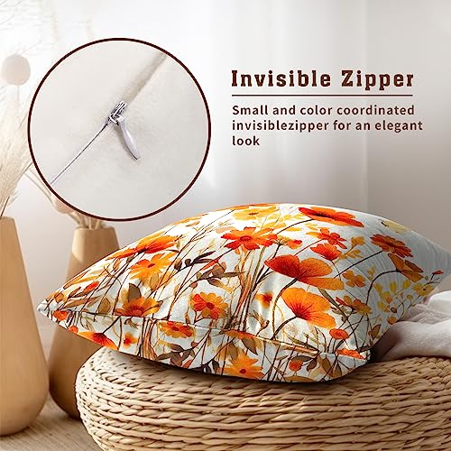 Fall Wildflowers Decorative Pillow Covers 18x18 Inch Set of 2,Thanksgiving Autumn Kitchen Home Decor, Orange Flower Throw Pillows Case,Farmhouse Square Cushion Covers for Sofa Bed Couch