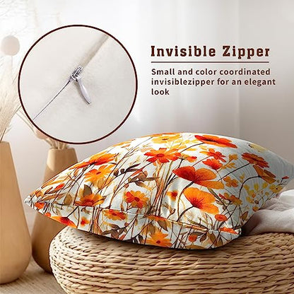 Fall Wildflowers Decorative Pillow Covers 18x18 Inch Set of 2,Thanksgiving Autumn Kitchen Home Decor, Orange Flower Throw Pillows Case,Farmhouse Square Cushion Covers for Sofa Bed Couch