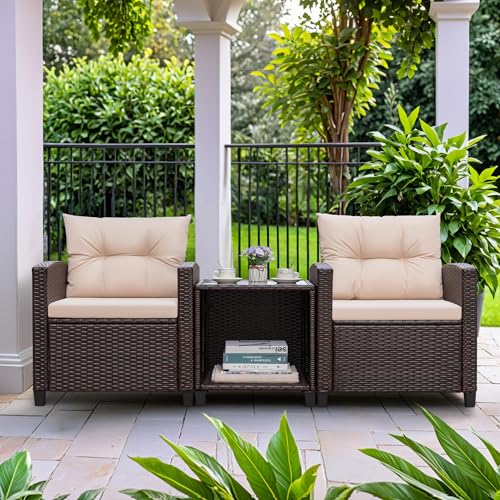 3 Pieces Patio Furniture Sets Outdoor PE Rattan Wicker Chairs with Soft Cushion and Glass Coffee Table for Garden Backyard Porch Poolside, Beige