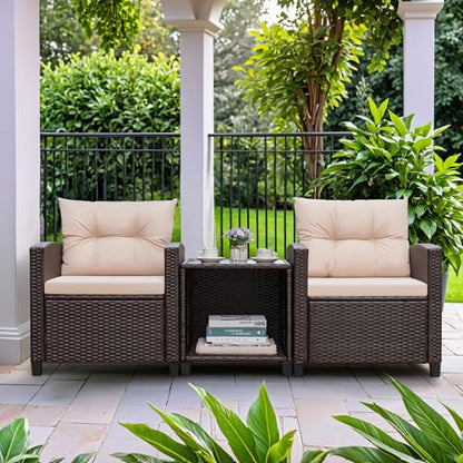 3 Pieces Patio Furniture Sets Outdoor PE Rattan Wicker Chairs with Soft Cushion and Glass Coffee Table for Garden Backyard Porch Poolside, Beige