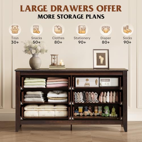 54" Dresser for Bedroom, Wooden 6 Drawer Dresser with Unique Anti-Tip Structure, view 7