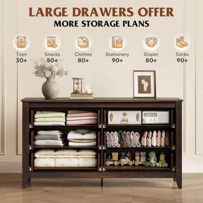 54" Dresser for Bedroom, Wooden 6 Drawer Dresser with Unique Anti-Tip Structure, view 7