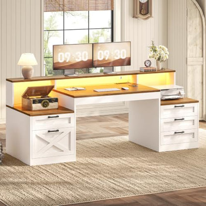 63" Farmhouse Office Desk with 5 Drawers, White and Brown, view 2