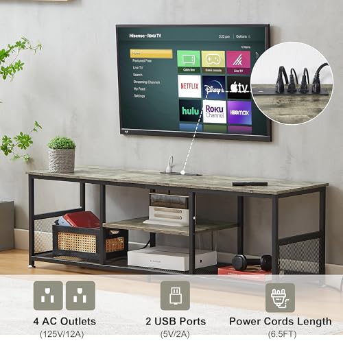 TV Stand with Power Outlets for Televisions up to 80Inch, 70" Media Entertainment Center with Charging Station 3-Tier Open Storage Shelves with Metal Frame for Living Room/Bedroom，Grey
