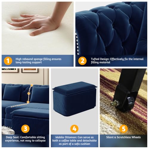 Pull Out Sofa Bed King, Chesterfield Velvet Sleeper Sofa, Convertible L-Shaped Futon Couch, Tufted Back, 2 Pillows, Ottoman, Deep Seat Loveseat Couches for Living Room (Blue, 89'')