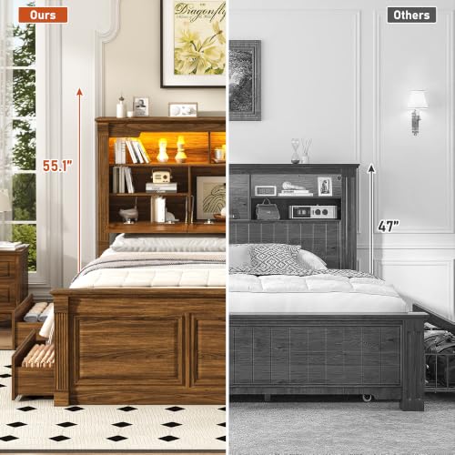Farmhouse King Size Bed Frame with 55" Tall Storage Headboard & 4 Drawers, view 4