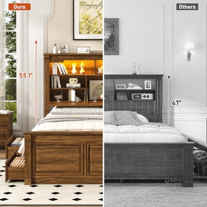 Farmhouse King Size Bed Frame with 55" Tall Storage Headboard & 4 Drawers, view 4
