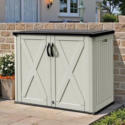 26 Cu.ft Outdoor Storage Cabinet with Lockable Door, Waterproof Horizontal Storage Shed for Tools and Patio Furniture, All-Weather Resin Shed Easy Assemble for Pool or Backyards, Brown