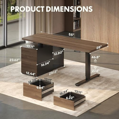 FLEXISPOT 55" Executive Standing Desk with Drawers & CPU Holder, Dual Motor Height Adjustable Desk, 222 LBS Capacity, 1" Thick Desktop, Home Office Workstation, Black Walnut, 3 Packages