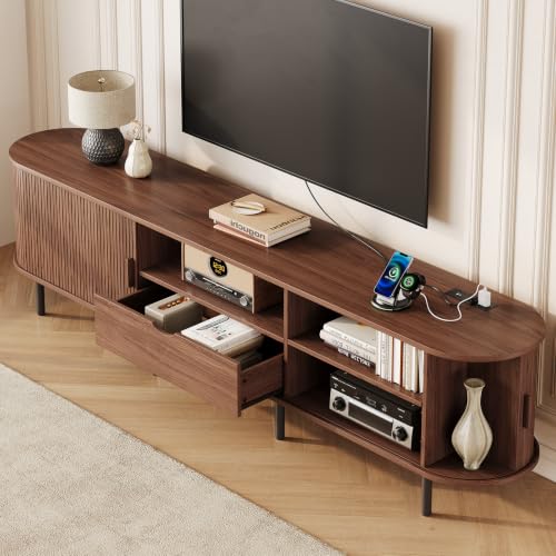 86.6" TV Stand with Power Outlet for TVs up to 90", Walnut Media Console, view 5