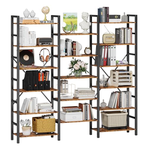 Bookshelves 6 Tiers Triple Wide Industrial Bookshelf, Large Etagere Bookshelf Open Display Shelves with Metal Frame for Living Room Bedroom Home Office