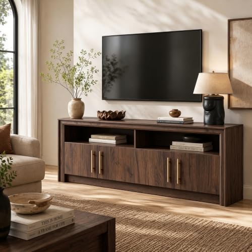63" Modern TV Stand with Storage, Beveled Profile Design, Walnut, view 7
