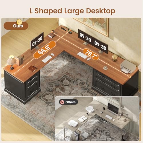 Farmhouse 78.8" L Shaped Desk with 6 Drawers, Home Office Desk with Power Outlet, view 8