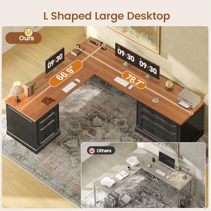 Farmhouse 78.8" L Shaped Desk with 6 Drawers, Home Office Desk with Power Outlet, view 8