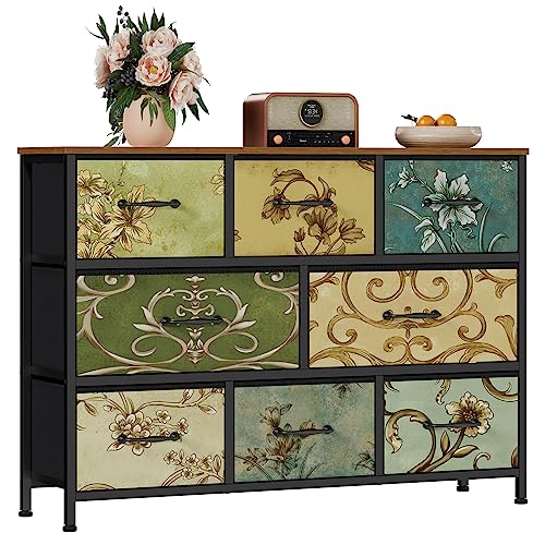 8 Drawer Dresser, Wide Fabric Chest of Drawers, Vintage Furniture for Bedroom, Living Room, Hallway, Closet Clothes Storage, Wooden Top