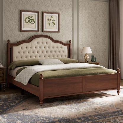 Solid Wood King Size Bed Frame with Upholstered Headboard, view 3