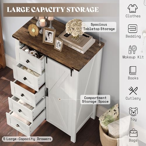 31.5" Farmhouse 5-Drawer Dresser with Barn Doors, Distressed White, view 4