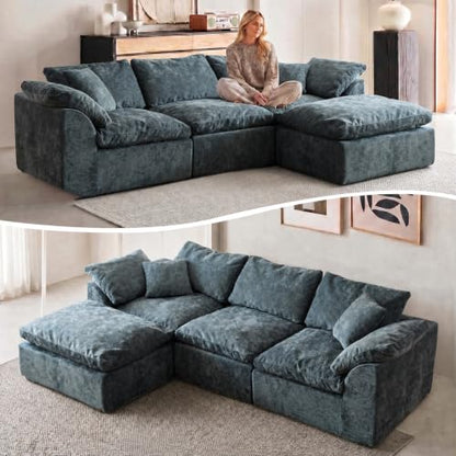 109" Boneless Cloud Couch Sectional for Living Room, Oversized Modular L Shaped Sofa with Ottoman, Deep Seat Chenille Sectional Couch for Cloud-Like Comfort(Blue)
