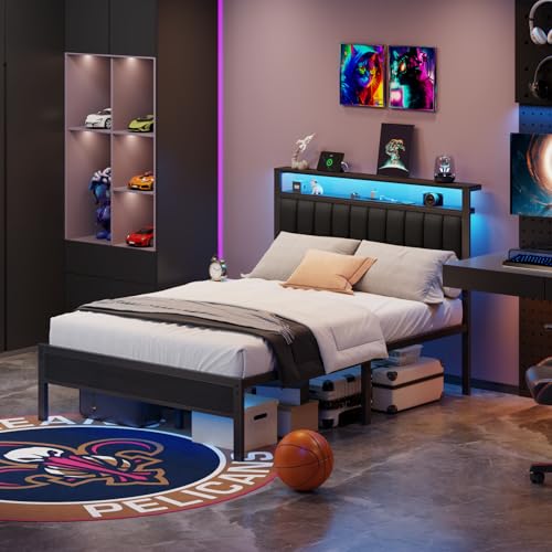 Queen Size Bed Frame with Charging Station and LED Lights, view 6