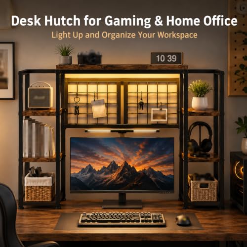 5-Tier LED Desk Hutch, Desk Shelf for Dorm Home Office, Rustic Brown, view 5