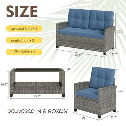 4 Piece Patio Furniture Set, Outdoor Rattan Conversation Set with Coffee Table, Outside Wicker Sectional Sofa Couch with Cushion, Gray and Blue
