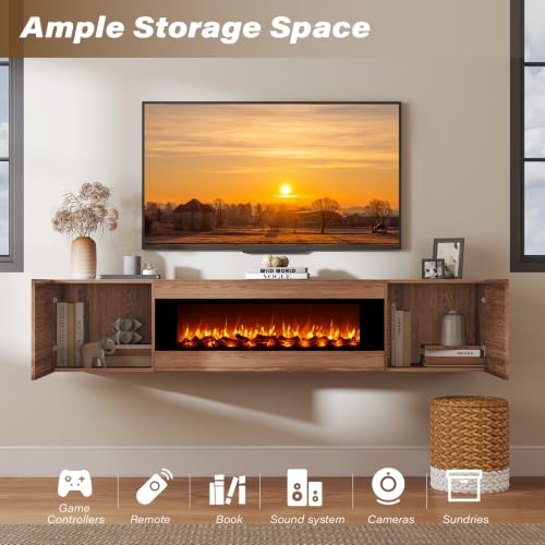 70'' Floating TV Stand with 36" Electric Fireplace, High Glossy, Brown, view 5