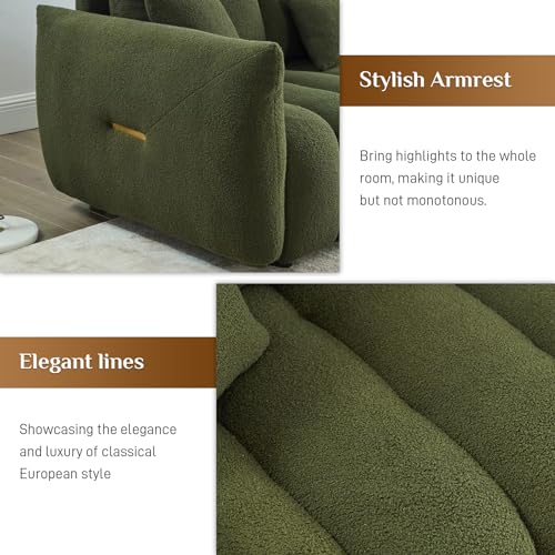 Boucle Cloud Sofa Couch, Comfy Upholstered Deep Seat Boucle Sofa, Cozy Modern 3 Seater Couch with 3 Pillows, Oversized Loveseat for Living Room Apartment Office, Olive Green
