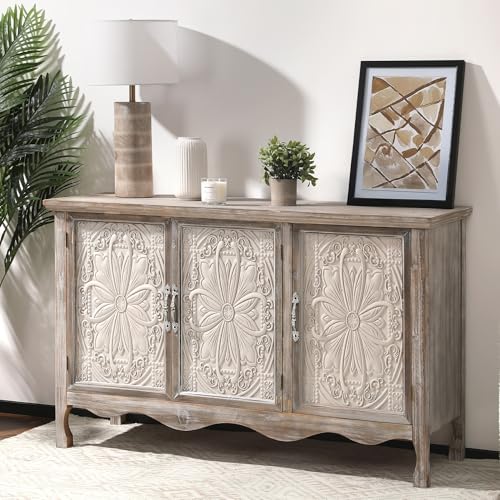 Farmhouse Sideboard Buffet Cabinet with Storage, 49" Solid Wood Credenza Buffet Table Coffee Bar Wine Bar Storage Cabinet with 3 Doors for Dining Room Living Room Hallway, (Provence Gray)