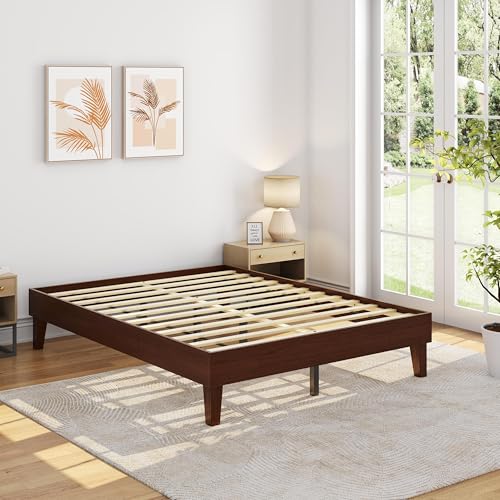 Queen Size Solid Wood Platform Bed Frame Low-Profile Dark Walnut, view 2