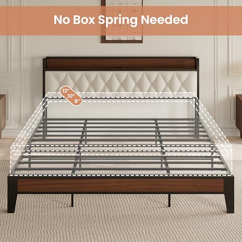 King Size Bed Frame with Headboard and Charging Station, Walnut, view 6