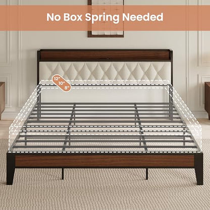 King Size Bed Frame with Headboard and Charging Station, Walnut, view 6