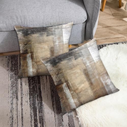 Throw Pillow Covers Modern Home Art Decor, 18 x 18 Inches Set of 2 Pillow Cases Decorative, Abstract Oil Painting Pillowcases for Bedroom, Living Room, Taupe Tan Grey Brown Beige