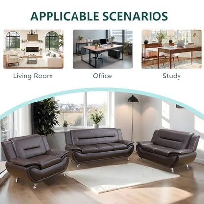 Leather Sectional Sofa Couches, Living Room Furniture Sets, 3 Pieces Modern Couch Set, Faux Leather Sofa Loveseat Chair Set with Sturdy Legs for Living Room/Bedroom/Office, Dark Brown