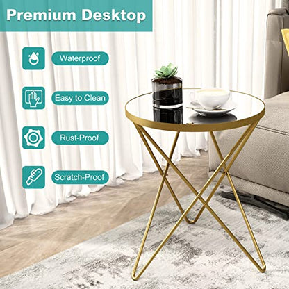 Modern Round Side Table, End Table with Marble Effect Top and Gold Metal Frame, view 7