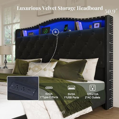 Queen Size Platform Bed Frame with 50.9" LED Headboard, Black, view 5