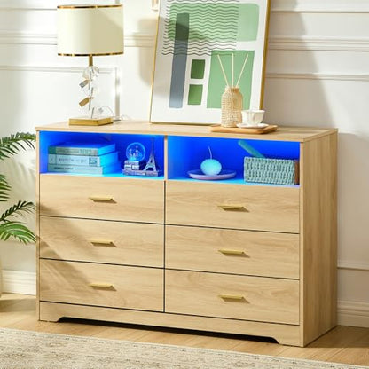 Natural Oak Dresser for Bedroom, Wood Dresser with 6 Drawers, Modern Minimalist Dressers & Chest of Drawers with Charging Station & LED Lights, 48 Inches TV Stand for Bedroom, Living Room