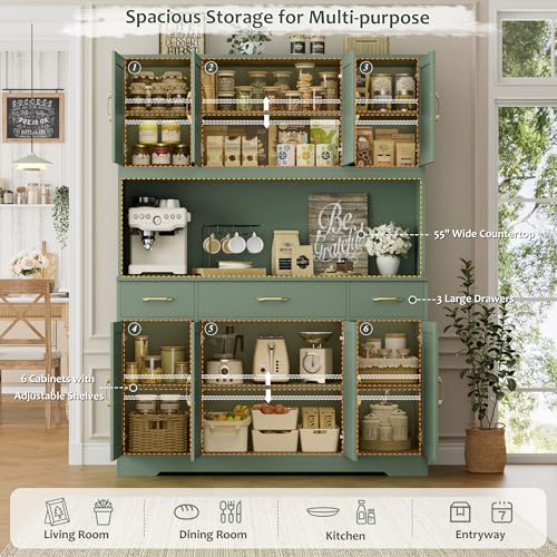 71" Tall Kitchen Pantry Storage Cabinet, 55" W Kitchen Hutch, Green, view 5
