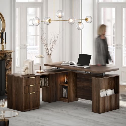63 Inches L Shaped Standing Desk, Executive Electric Adjustable Desk with Storage Drawers and File Cabinet, AC/USB, 1.18" Thiken Desktop and Privacy Panel for Home Office, Black Walnut